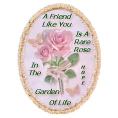 a pink rose is in the garden of life on a white background with words that read,'a friend like you is a rare rose in the garden of life '