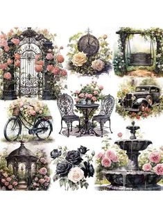 an assortment of different types of furniture and flowers on a white background with roses around them