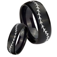 His Hers Baseball Stitch Dome Brush Black Tungsten Mens Ring Personalized Set Black Tungsten Mens Rings, Baseball Stitch, Mens Wedding Bands Tungsten, Tungsten Mens Rings, Logo Baseball, Black Tungsten, Tungsten Carbide Rings, Wedding Band Sets, Mens Ring