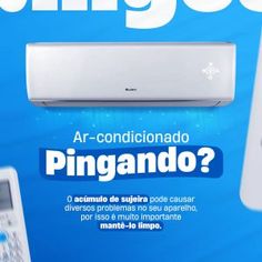 an advertisement for a new air conditioner in the spanish language, with a blue background