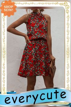 Floral Print Halter A-line Dress Flowy A-line Lined Midi Dress, Flowy A-line Mini Dress With Floral Print, Casual A-line Floral Print Sundress, Spring Fit And Flare A-line Mini Dress, Chic A-line Fit And Flare Sundress, Flowy A-line Sundress For Dress Down Occasions, Chic Summer A-line Floral Dress, Chic A-line Floral Summer Dress, Red A-line Sleeveless Dress For Vacation