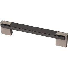 a black and stainless steel cabinet handle on a white background