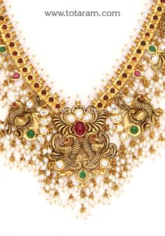 22 Karat Gold "Peacock / Guttapusalu" Necklace for Women with Cz, Beads, Pearls & Japanese Culture Pearls - 235-GN4480 - in 124.200 Grams for USD $8810.57. 
Made in India by Totaram Jewelers Online this product is in Gold - 22 Karat BIS Hallmark 916 KDM Gold  & is an excellent gift for Adult - Women. Ships fully insured with secured guaranteed delivery for free with your order over $250 from New Jersey USA & comes with 30 days exchange policy. Peacock Guttapusalu, Guttapusalu Necklace, Japanese Pearls, Gold Peacock, 22k Gold Jewelry, Gold Jewelry Indian, Online Jewelry Store, Screw Back Earrings, Japanese Culture