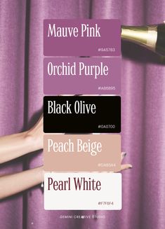 the words mauve pink, orchid purple, black olive, peach beige and pearl white