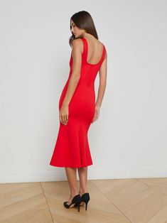 L'AGENCE - Bisous Flared Midi Dress in Lava Red Knit Front And Back, Lace Coat, Jumpsuit And Blazer, Velvet Coat, Knit Denim, Swimwear Dress, Tailored Design, Knit Blazer, Velvet Lace