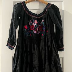 Free People Summer Dress Size L Spring Black Cotton Mini Dress, Black Cotton Mini Dress For Spring, Black Fall Vacation Dresses, Black Mini Dress With Floral Embroidery For Summer, Black Bohemian Dress With Floral Embroidery, Bohemian Black Dress With Floral Embroidery, Black Floral Embroidered Dress For Brunch, Spring Black Dresses For Brunch, Black Dresses For Spring Brunch