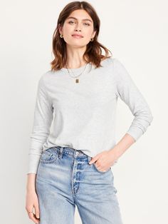 crew neck long sleeves relaxed fit hits below waist models are approx.  5'9" and wear sizes s (4), l (12), and xl (18)machine wash according to the care instruction label The Fam, Old Navy Women, Women's T Shirts, Styles Fashion, Grey Long Sleeve, Stripe Print, Womens Clothing Tops, The Family, Old Navy