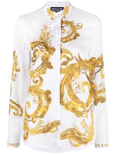 white/gold-tone signature Barocco print logo print to the rear pointed flat collar concealed front button fastening long sleeves buttoned cuffs rear curved hem Luxury Spring Graphic Print Shirt, Luxury Long Sleeve Tops With Baroque Print, Luxury Formal Baroque Print Tops, Gold Long Sleeve Shirt With Graphic Print, Elegant Long Sleeve Blouse With Baroque Print, Elegant Long Sleeve Baroque Print Blouse, Designer Formal Tops With Baroque Print, Gold Baroque Print Formal Tops, Designer Baroque Print Tops For Formal Occasions