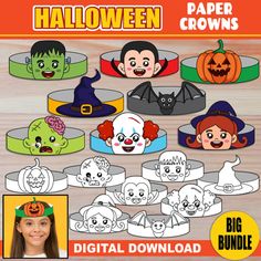 halloween paper crowns with various faces and headbands for children to make them look like they