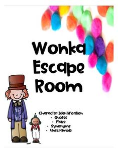 the words wonka escape room are in front of an image of a man with a hat