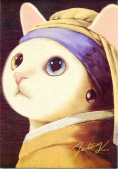 a painting of a white cat with a blue bandanna on it's head