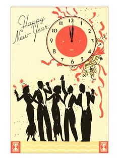 a happy new year greeting card with silhouettes of people holding sparklers in front of a clock