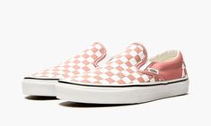 The Vans Classic Slip-On is easy on, easy off, and cool in so many ways.  This laceless sneaker is designed with a rosy pink and white checkerboard pattern covering the upper with solid pink mid-foot panels and a contrasting white midsole.  Merging performance and design in the simplest way, the Classic Slip-On enhances your experience on the board or lends a casual coolness to any outfit. Cute Vans Shoes, Laceless Sneakers, Cute Vans, Rosy Pink, Checkerboard Pattern, Stadium Goods, Vans Classic, Vans Classic Slip On Sneaker, Vans Shoes