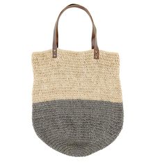 Simple and functional, this large jute bag, featuring a grey and jute color block design with leather handles, is perfect for toting essentials for a casual day shopping or at the beach. Measures 21"H x 16" Diameter Everyday Neutral Jute Bags, Casual Jute Bags In Neutral Color, Casual Neutral Jute Bags, Casual Neutral Straw Bag With Leather Handles, Everyday Neutral Straw Bag With Leather Handles, Neutral Jute Straw Bag For Everyday, Casual Everyday Burlap Shoulder Bag, Everyday Beach Bag With Leather Handles And Jute Material, Gray Everyday Summer Bags