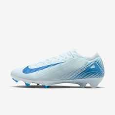 a white and blue nike soccer shoe on a white background with the word nike written in blue