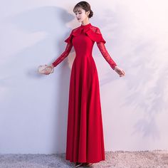 Chic / Beautiful Red Evening Dresses 2018 Empire Lace Flower High Neck Long Sleeve Floor-Length / Long Formal Dresses Bridesmaid Dresses Infinity, Prom Dresses Purple, Slavic Style, Red Evening Dresses, Simple Evening Dress, Burgundy Evening Dress, Grey Evening Dresses, Glamorous Evening Dresses, Long Formal Dresses