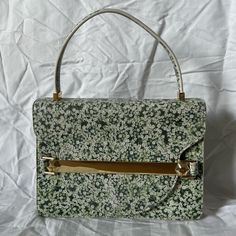 Tory Burch Green Flower Hang Bag (Good Condition) (Vintage) Vintage Formal Shoulder Bag For Spring, Rectangular Floral Print Shoulder Bag For Evening, Vintage Green Top Handle Shoulder Bag, Vintage White Tote Shoulder Bag, Vintage White Top Handle Shoulder Bag, Elegant Top Handle Bag With Floral Print, Elegant Floral Print Tote Bag, Elegant Floral Print Top Handle Shoulder Bag, Vintage White Bag With Detachable Handle