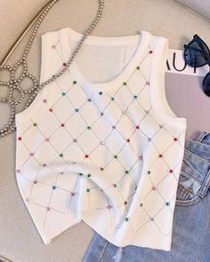 Colorful Rhinestone Knitted Tank Top Casual Crew Neck Sleeveless Tank Top For Summer  Women's Clothing Crop Top Camis.. ONE SiZE ... Top For Summer, Cami Crop Top, Casual Tank Tops, Knitted Tank Top, Cami Tanks, Knit Tanks, Sleeveless Tank Top, Sleeveless Tank, Top Casual