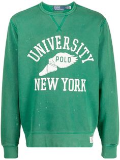 green/white cotton blend fleece texture graphic print to the front logo patch to the side crew neck drop shoulder long sleeves straight hem Ralph Lauren Sport, Lauren Green, Mens Green, Mens Activewear, Sleeve Detail, Grey Hoodie, Grey Sweatshirt, Printed Sweatshirts, Fleece Jacket