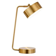 a gold desk lamp on a white background with the light turned off to show its dim lighting