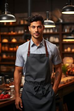 a man standing in front of a counter with food on it and lights hanging from the ceiling