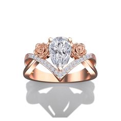 a rose - shaped diamond ring with two roses on the band, set in 18k rose gold