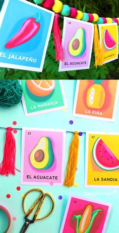 garlands or banners hanging in the garden with drawings of fruit and vegetables Ornate Office, Family Ideas, Mexican Party, Classroom Crafts, Fiesta Party