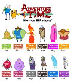 an advertisement for adventure time with cartoon characters in different colors and sizes, including the character names