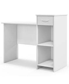 a white desk with an open shelf on the top and one drawer at the bottom