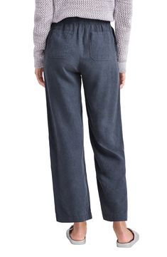 Easy does it in lightweight, linen-kissed pants designed with wide legs in a slightly cropped silhouette. 25" inseam; 20 1/2" leg opening; 9 3/4" front rise; 14" back rise (size Medium) Elastic/drawstring waist Front slant pockets; back patch pockets 73% lyocell, 27% linen Machine wash, tumble dry Imported Full Length Linen Bottoms For Loungewear, Linen Bottoms With Elastic Waistband For Fall, Fall Linen Bottoms With Elastic Waistband, Fall Linen Loungewear Bottoms, Linen Loungewear Pants Full Length, Relaxed Fit Linen Bottoms For Fall, Flax Wide Leg Relaxed Fit Pants, Versatile Linen Wide-leg Pants, Casual Linen High-waisted Wide Leg Pants