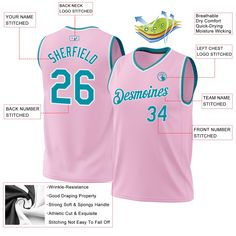 Custom Light Pink Teal-White Authentic Throwback Basketball Jersey Custom Basketball Jersey, Pink Basketball, Custom Sportswear, Logo Number, Blue Football, Custom Basketball, Jersey Design, Baseball Shirts, Basketball Jersey