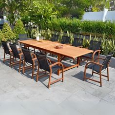 an outdoor dining table and chairs with plants in the background