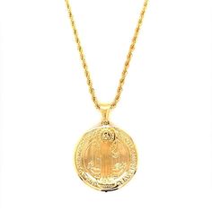 18 Karat Gold Filled Saint Benedict Charm Necklace Charm Measures: 1 inch Material: 18 Karat Gold Filled, Hypoallergenic. Tarnish Resistant. Gold-filled does not de-laminate or peel like Gold plated Jewelry nor does it tarnish as readily as silver. Generally speaking, gold filled is better quality and will have a much longer lasting color than plated jewelry. We recommend keeping abrasive chemicals away from the jewelry for the items to last. Thank you for visiting and supporting our small busin Spiritual Yellow Gold-plated Necklaces, Yellow Gold Plated Spiritual Necklace, Spiritual Yellow Gold Plated Necklaces, Spiritual Blessing Necklaces With Coin Pendant, Spiritual Coin Pendant Necklace For Blessing, Spiritual Necklace With Coin Pendant For Blessing, Spiritual Gold-plated Tarnish-resistant Necklaces, Spiritual Engraved Gold-plated Necklaces, Spiritual Gold-plated Engraved Necklaces