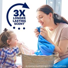 a woman and child sitting in front of a laundry basket with the words 3x longer lasting scent