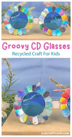 two pictures with the words grooy cd glasses recycled craft for kids on them