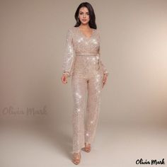 Olivia Mark - Elegant Long-Sleeve Jumpsuit with Belt in Stylish Deep V-neck Design Jumpsuit With Belt, Cloth Belt, Halter Jumpsuit, Long Sleeve Jumpsuit, Olivia Mark, Deep V Neck, Dressmaking, High Waisted Pants, Dance Wear