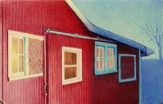 a drawing of a red building with windows and a tree in the background, on a snowy day