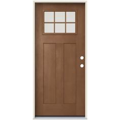 a brown door with two windows on the side and one window in the top half