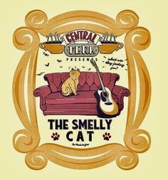 a cat sitting on top of a red couch next to a guitar and the words, the smelly cat