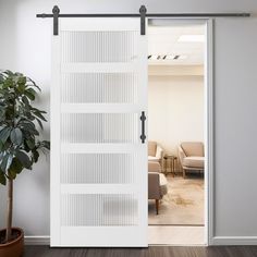 an open sliding door in a living room with a potted plant on the floor