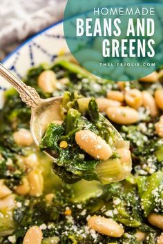 a spoon full of beans and greens on top of a plate with text overlay