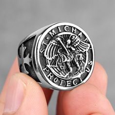 Archangel Michael Protection Stainless Steel Ring - Ancient Treasures Spiritual Stainless Steel Ring, Silver Stainless Steel Warrior Jewelry, Seal Of Solomon Ring, Saint Michael Necklace, Religious Rings, Archangel Michael Necklace, Mens Rings Fashion, Biker Rings, Saint Michael