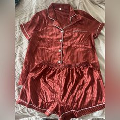 Button Up Top Size Large, Shorts Size Medium. Never Worn. Red Short Sets For Loungewear, Red Short Sleepwear For Bedtime, Red Short Sleepwear For Pajama Party, Red Pajama Shorts For Bedtime, Red Short Sleepwear For Lounging, Button Up Top, Orange Red, Burnt Orange, Color Orange