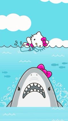 hello kitty swimming in the ocean with a shark