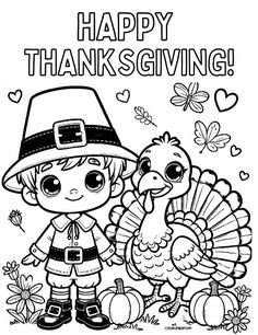 a thanksgiving coloring page with a boy and girl holding a turkey in front of the words happy