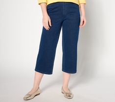 Invitingly lightweight, these Comfy Knit Air crops are your warm-weather savior, sporting an easy pull-on style (no buttons or zips here!), a roomier wide-leg shape, and a knit fabrication with stretch that moves with you. From Denim & Co.® Fashions. Cropped Wide Leg Jeans, Wide Leg Jeans, V Shape, Warm Weather, Wide Leg, Knitting, Pants, Fabric, Trousers