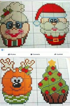 cross stitch christmas pictures with santa claus and other holiday items on them, all in different colors