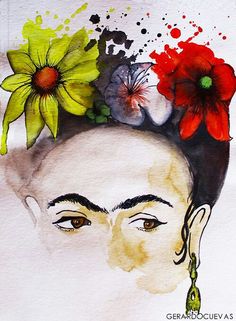 a painting of a woman's head with flowers in her hair and watercolor