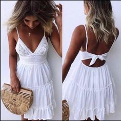 White Dress Chic Boho Beach Dress With Ruffles, Bohemian Tiered Mini Dress For Vacation, Bohemian Tiered Mini Dress For Beach, Bohemian Mini Dress With Spaghetti Straps For Garden Party, Beach Boho Dress With Ruffles, Casual Boho Ruffle Dress For Vacation, Casual Boho Dress With Ruffles For Vacation, Casual Boho Ruffled Dress For Vacation, Sleeveless Boho Dress With Ruffles For Beach