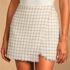 When Your Style Is This On-Point, Your Reputation Precedes You! The Lulus Preppy Reputation Ivory Plaid Tweed Faux-Wrap Mini Skirt Has A Textured Woven Tweed Composition (With A Plaid Pattern Throughout) That Shapes A High-Waisted Fit And An Overlapped Design That Lends A Faux-Wrap Effect. Raw Edges Throughout. Hidden Back Zipper/Clasp. Fully Lined. Shell: 100% Polyester. Lining: 100% Polyester. Hand Wash Cold. Do Not Bleach. Hang To Dry. Lulu Skirt, Wrap Mini Skirt, Tweed Mini Skirt, Boucle Jacket, Tweed Skirt, Plaid Mini Skirt, Forever New, Feminine Design, Exclusive Fashion